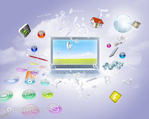 数字时代的视觉叙事 笔记本电脑背景与媒体图标的网络设计艺术